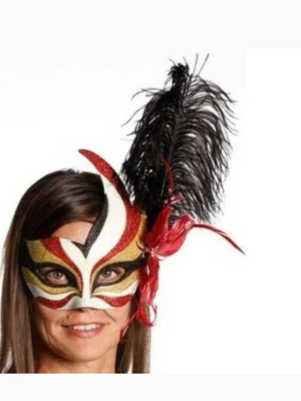 Masquerade Mask Halloween Mardi Gras White & Red Feather Bird Ceramic Party